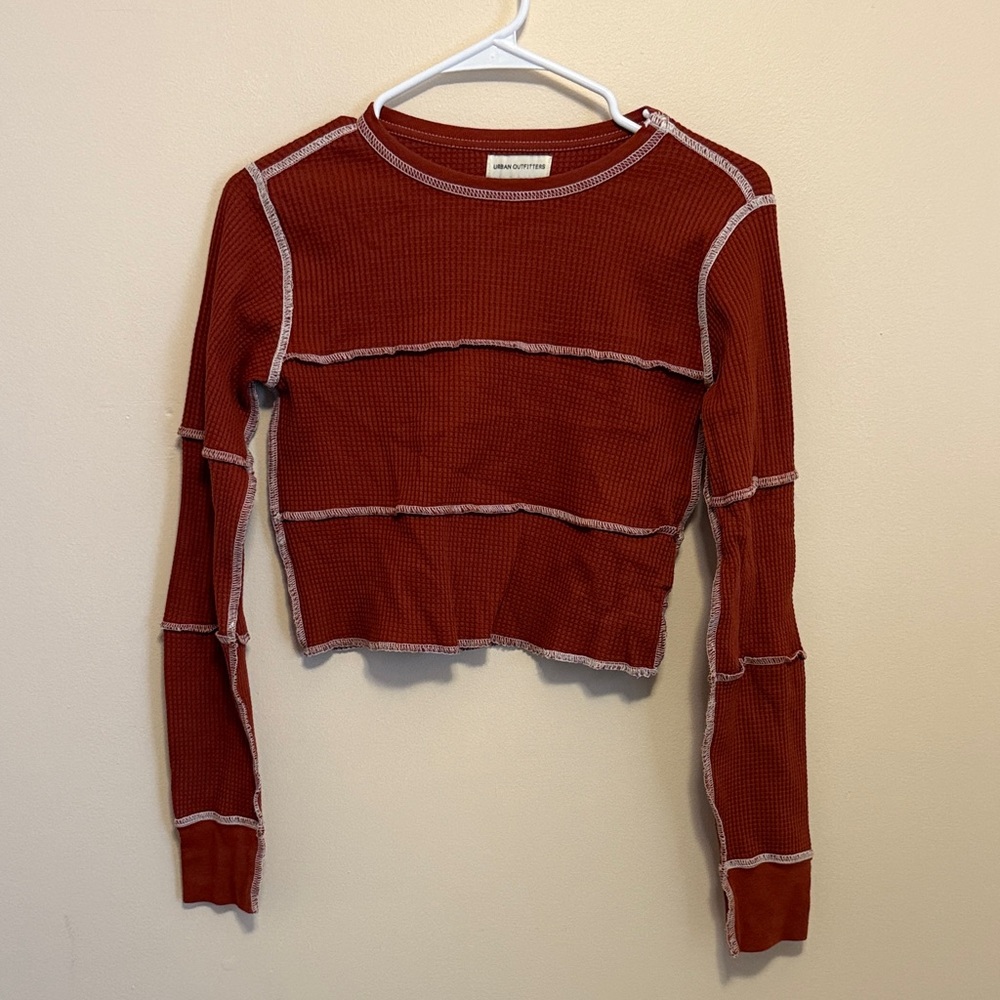 Urban Outfitters Rust Waffle-Knit Long Sleeve Crop Top with Contrast Seams